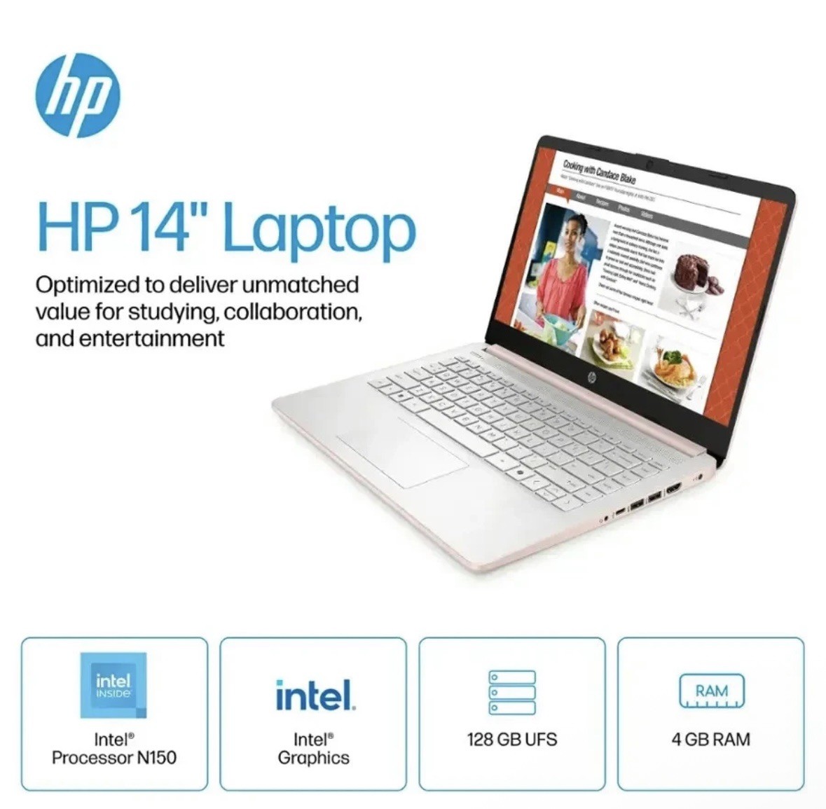 New HP 14″ Laptop Intel CPU N150 4GB RAM 128GB Storage UFS – Pale Rose Gold