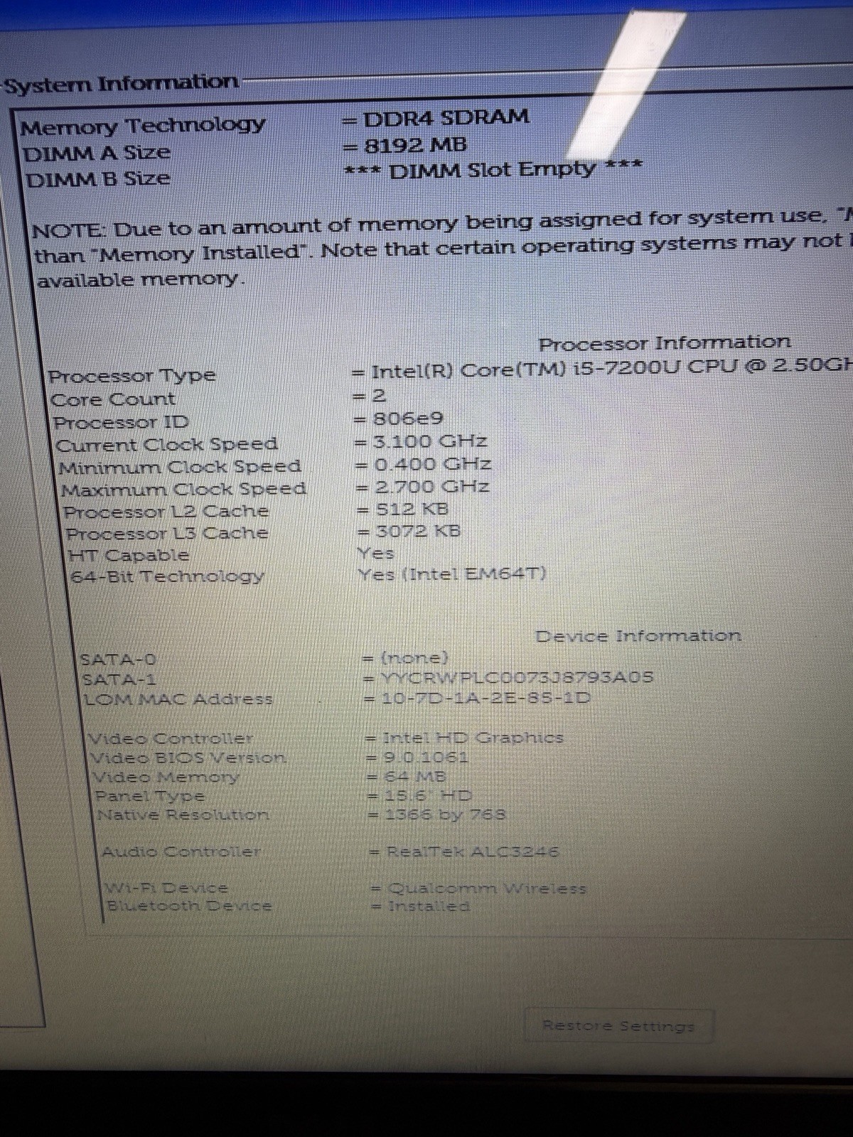 Dell Inspiron 15 3567 15in i5 8th Gen No hard Drive for Parts and Repair