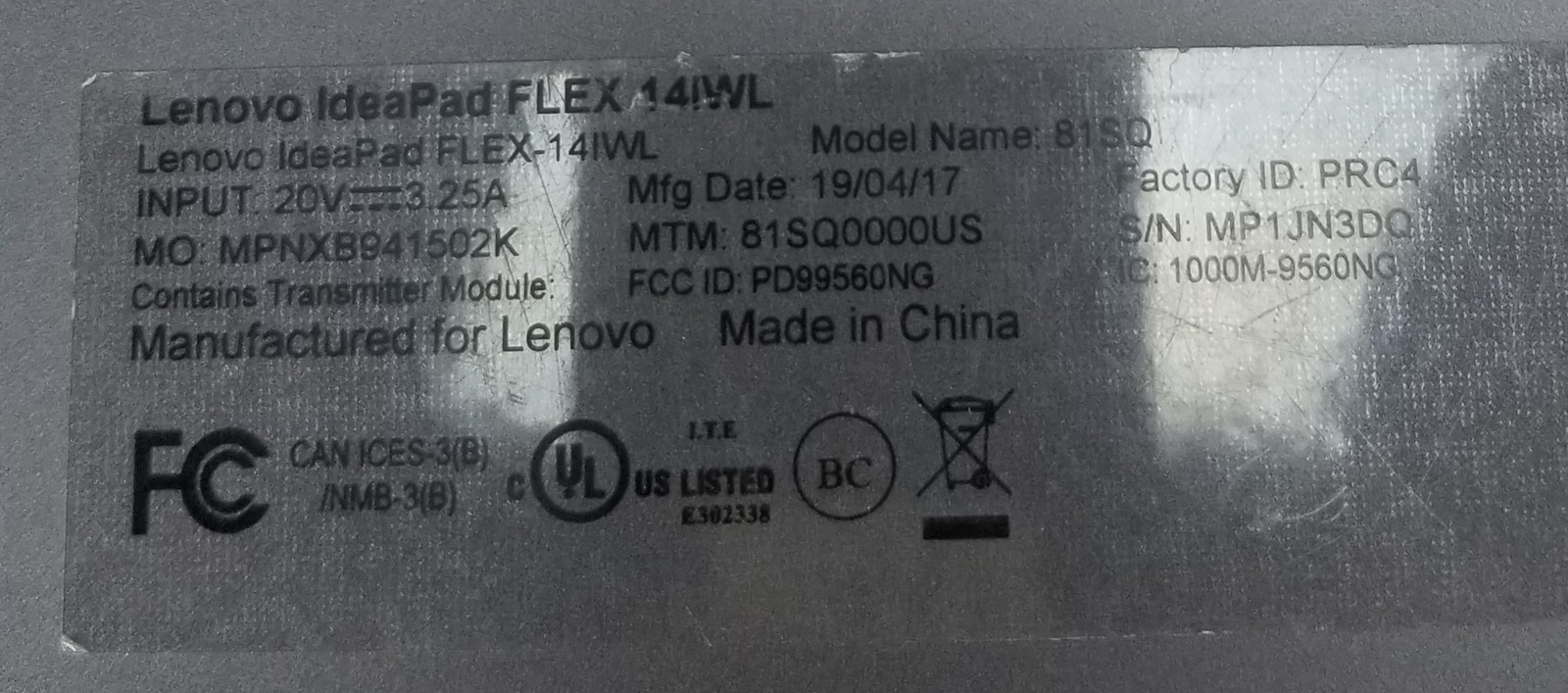Lenovo IdeaPad Flex 14IWL i5-8265U @ 1.60GHz 8GB 256GB NVMe WIN 11 PRO BAD BATTE