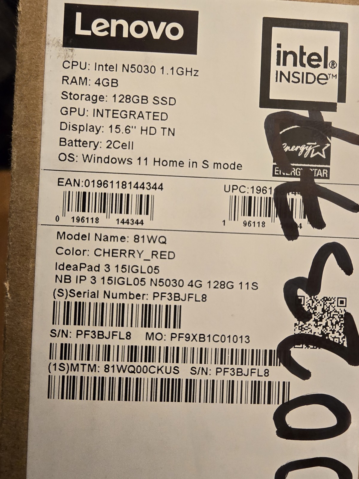 LENOVO 81WQ00CKUS IdeaPad 3 15IGL05 15.6″ HD Pentium Silver N5030 1.1GHz Intel