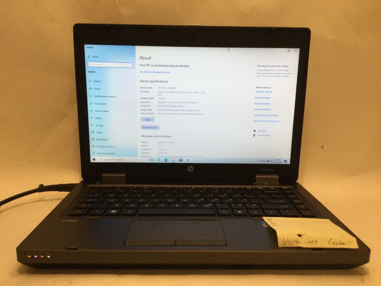 HP ProBook 6460b / Intel Core i5-2520M / Windows 10 Home / C-GRADE W/ ADAPTER