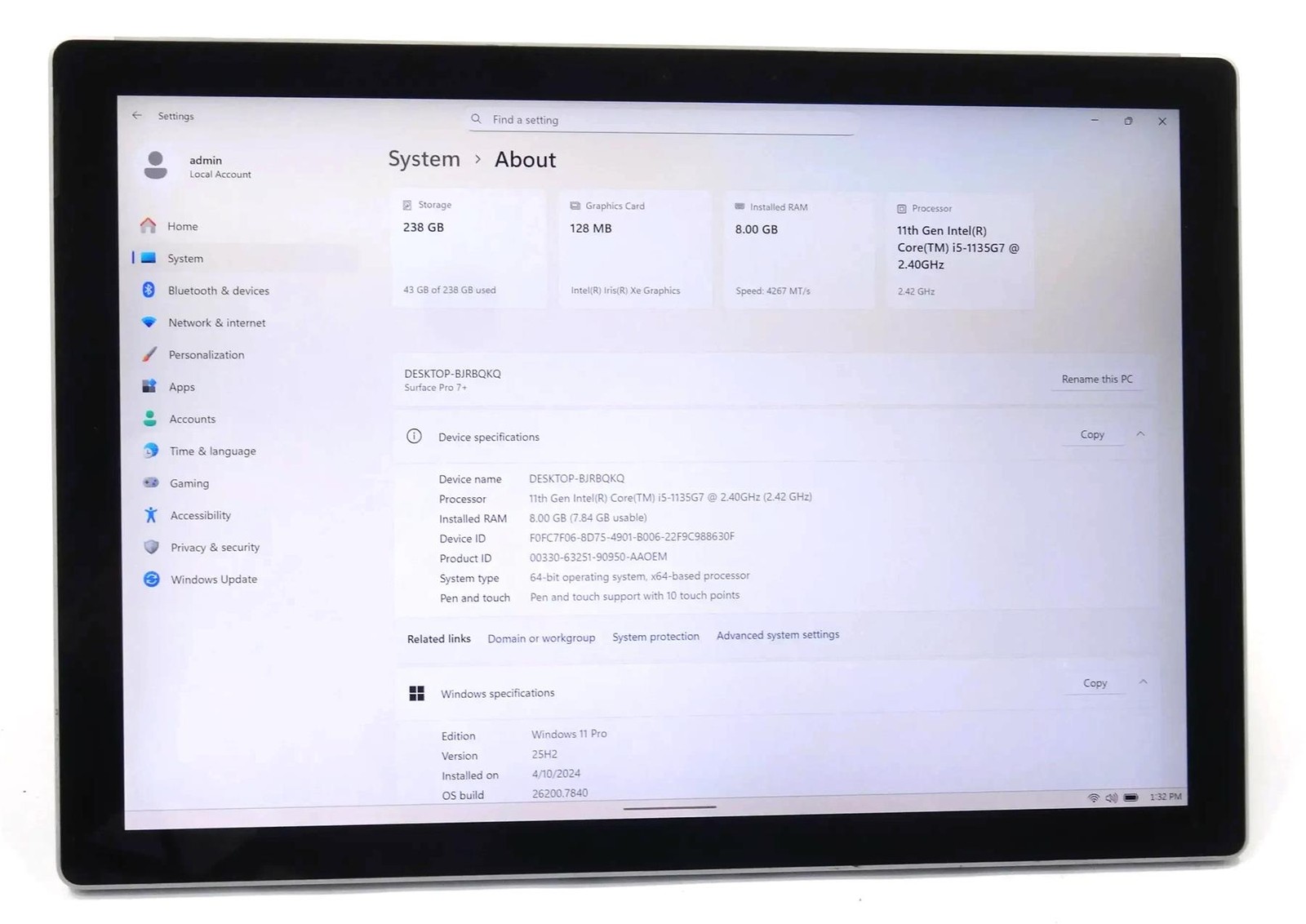 Microsoft Surface Pro 7 plus 1960 Core i5-1135G7 2.4GHz 8GB 256GB
