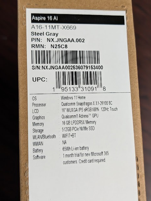 Acer Aspire 16 AI Copilot+ ‎Snapdragon Laptop A16-11MT-X669 16 GB 512GB SSD