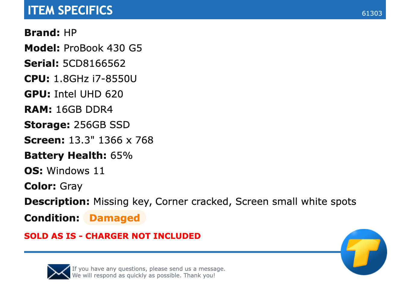 HP ProBook 430 G5 – 13.3″ HD, 1.8GHz i7, 16GB RAM, 256GB SSD, Windows 11