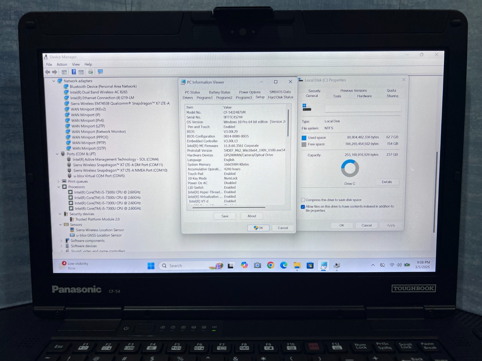 CF-54J2487VM, i5-7300U @2.60GHz, 256GB SSD M.2, 16GB, TOUCHSCREEN, 4G LTE, 4240H