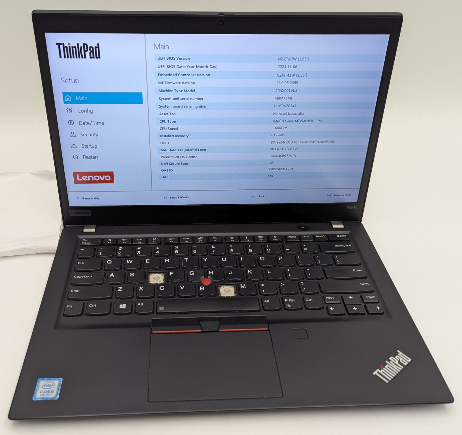 Incomplete Lenovo ThinkPad T490s 14″ Laptop Intel Core i5-8265U 1.60GHz 8GB RAM