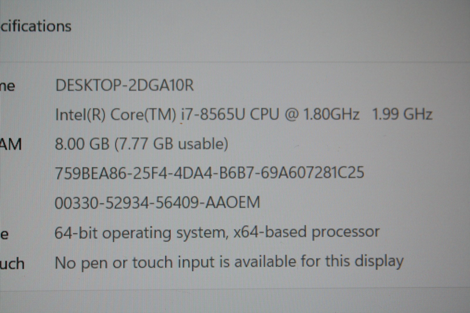 Dynabook Tecra A50-F,Core i7 8565U 1.80GHZ 15.6″ HD 8GB RAM ,256SSD,Read below