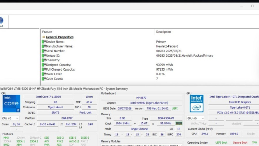 HP ZBook Fury G8 i7-11800H 24GB RTX A3000 W/HP G5 Dock & AC NO SSD/OS *NEW BATT*