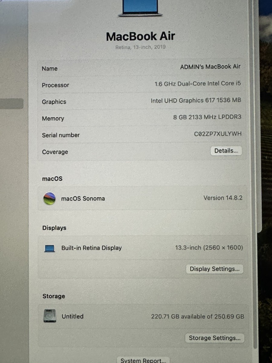Apple MacBook Air 2019 (AS-IS/PARTS) -13″, i5 8th Gen, 8GB, 256GB, (PD1124865)