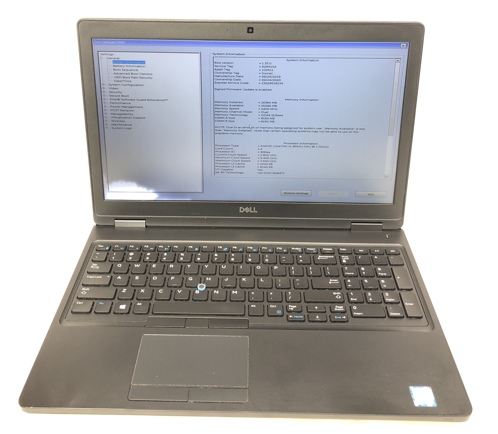 Dell Latitude 5590, Intel Core i5-8350U @1.70Ghz, 16GB RAM, NO SSD/OS, Tested!