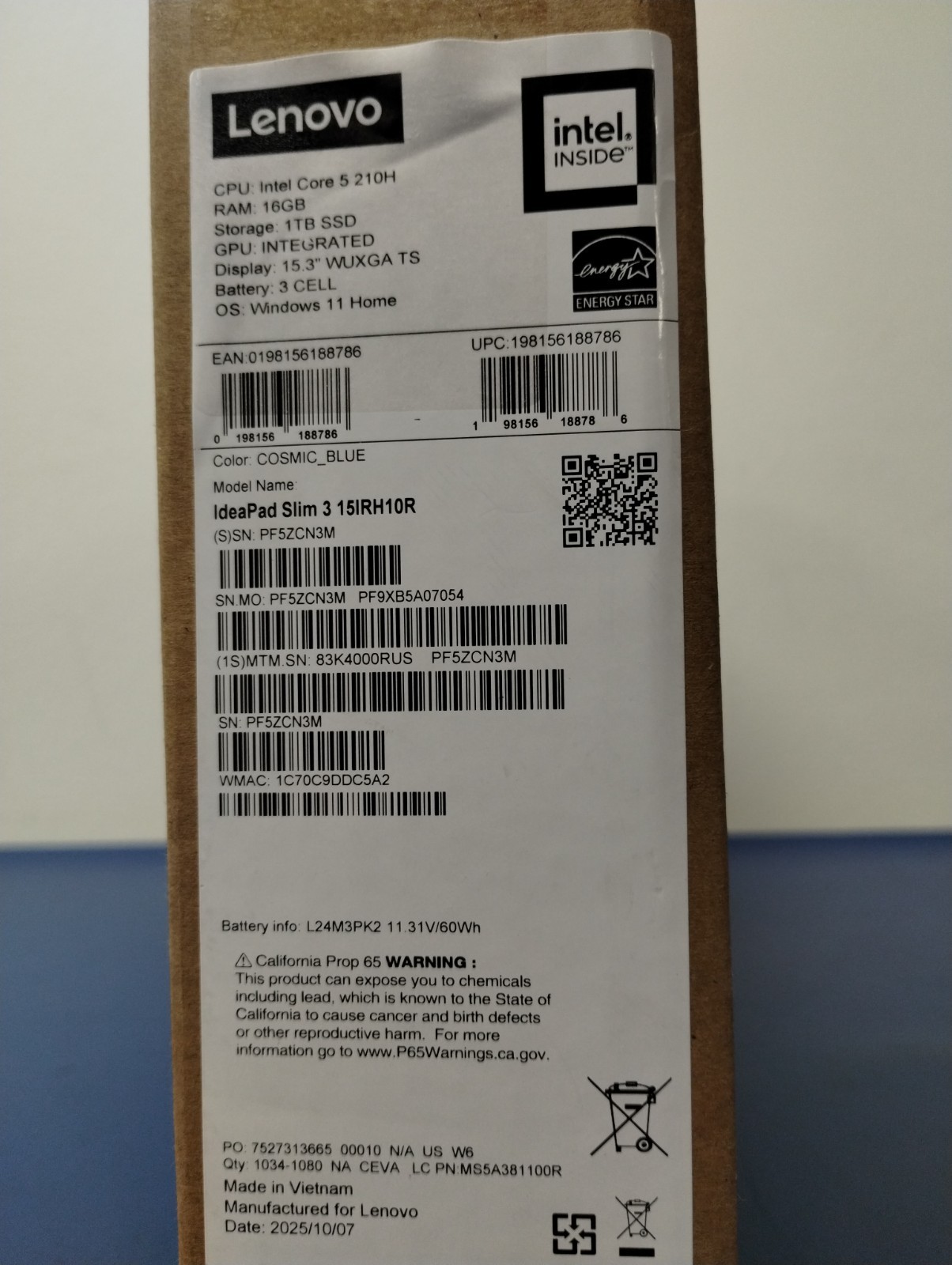 Lenovo Slim 3 15IRH10R, Intel Core 5 210H, 2.20 GHz, 16 GB RAM, 1 TB NVMe SSD