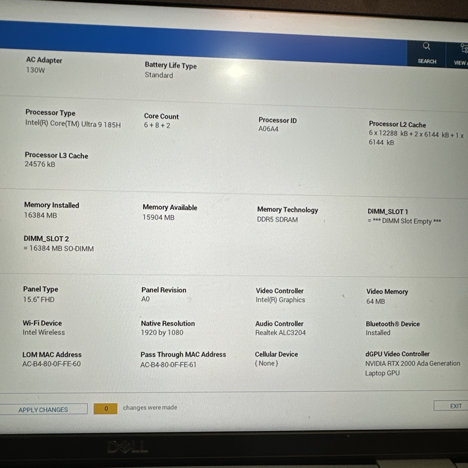Dell Precision 3591 Laptop Core Ultra 9 16GB RAM RTX 2000 Ada No SSD