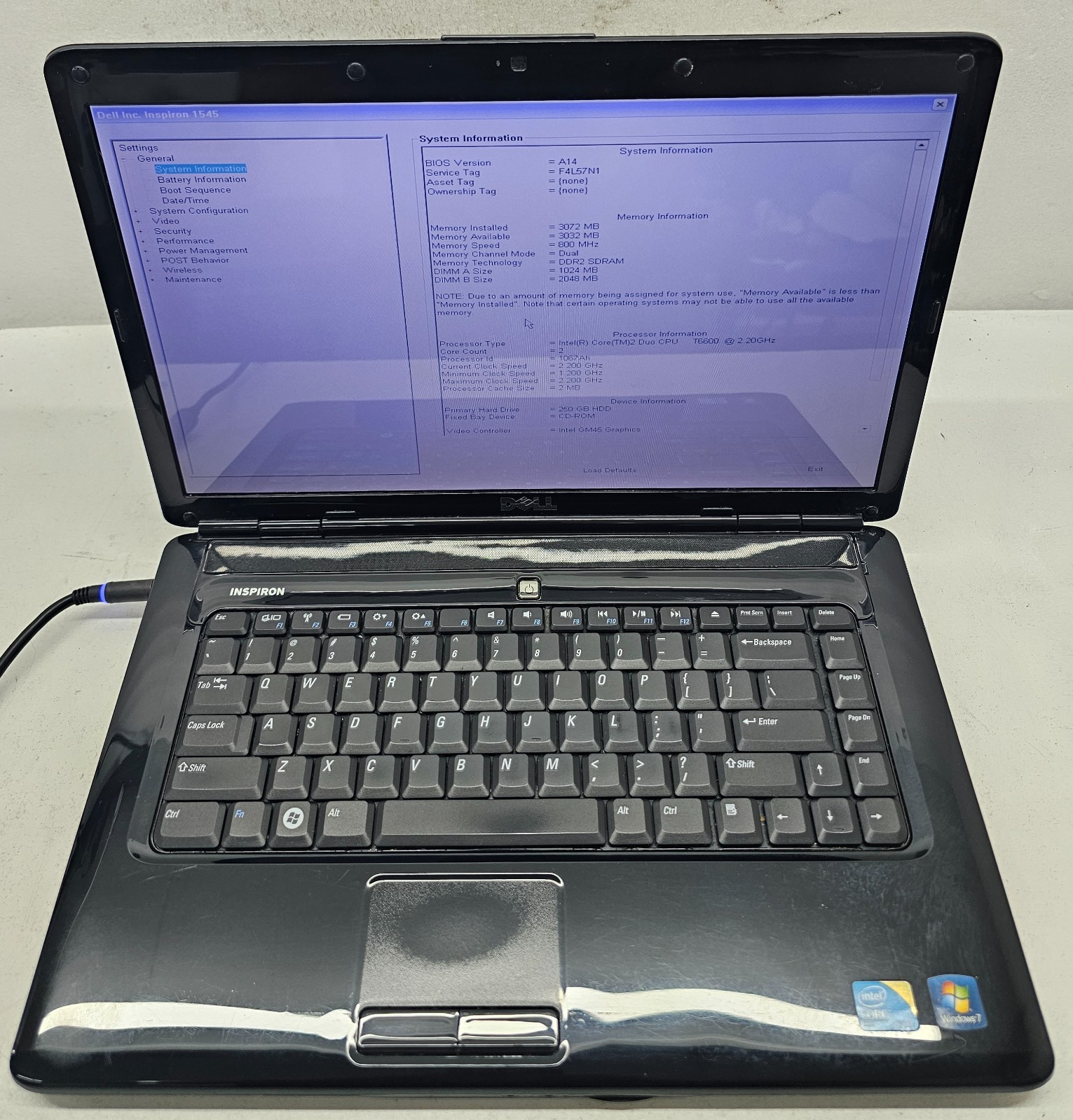 Dell Inspiron 1545 Laptop Intel Core 2 Duo T6600 3GB RAM 250GB NO OS/BATT (FL)