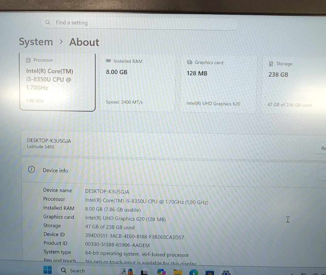 Dell Latitude 5490 14” (256GB SSD, i5-8350U, 8GB RAM) – BAD BATTERY, FF OTH.