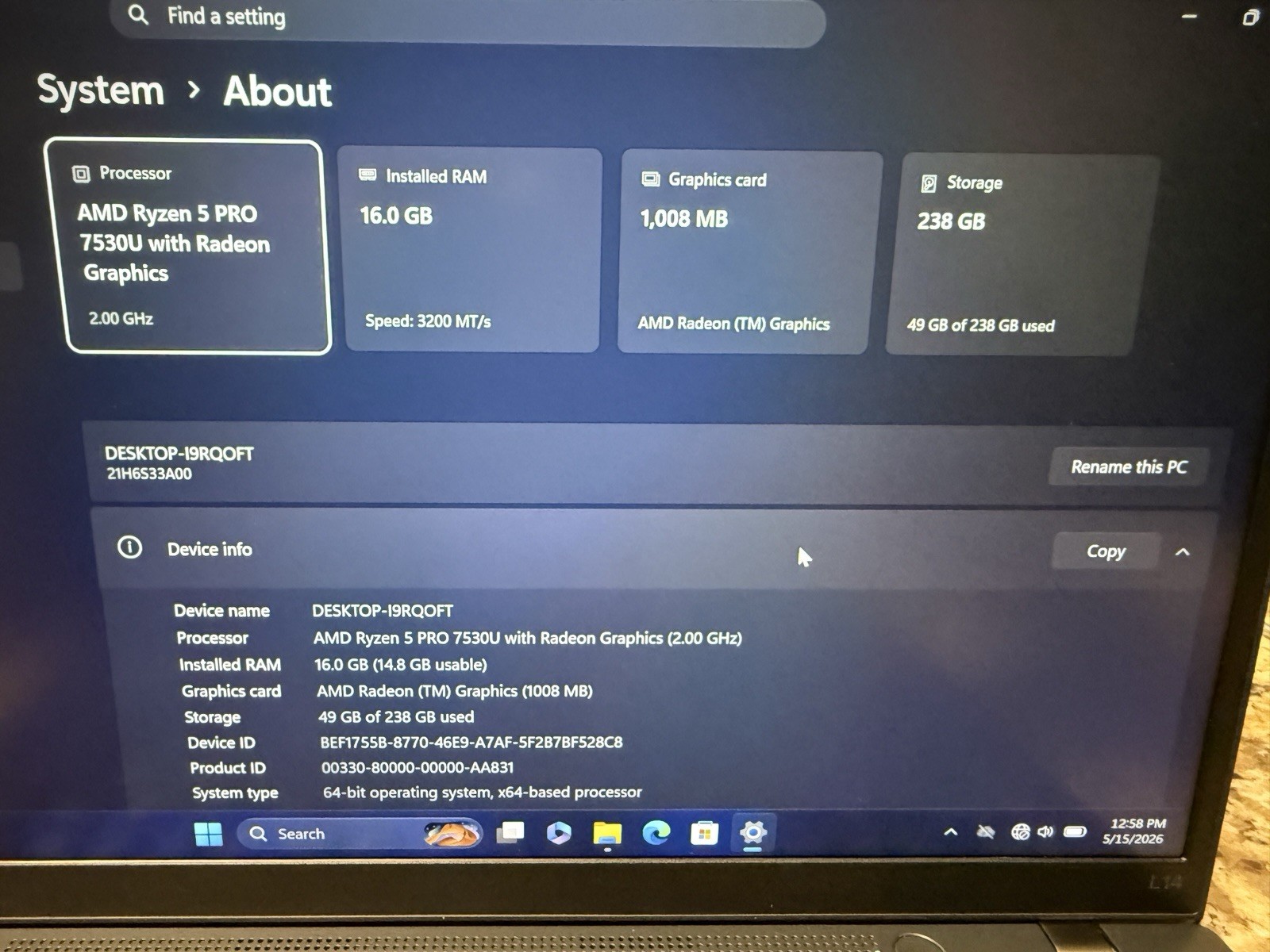 Lenovo ThinkPad L14 Gen 4 14″ (256GB SSD, AMD Ryzen 5 7530U Series .