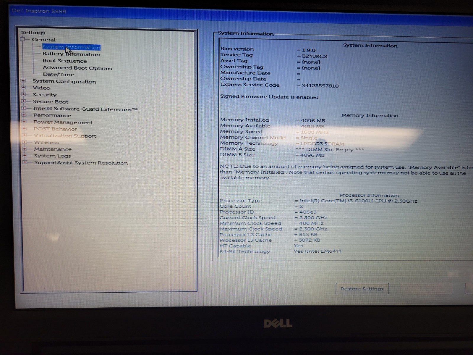 Dell Inspiron 5559 i3-6100U 4GB RAM *AS IS/No HDD/No OS/No Battery* | LP489