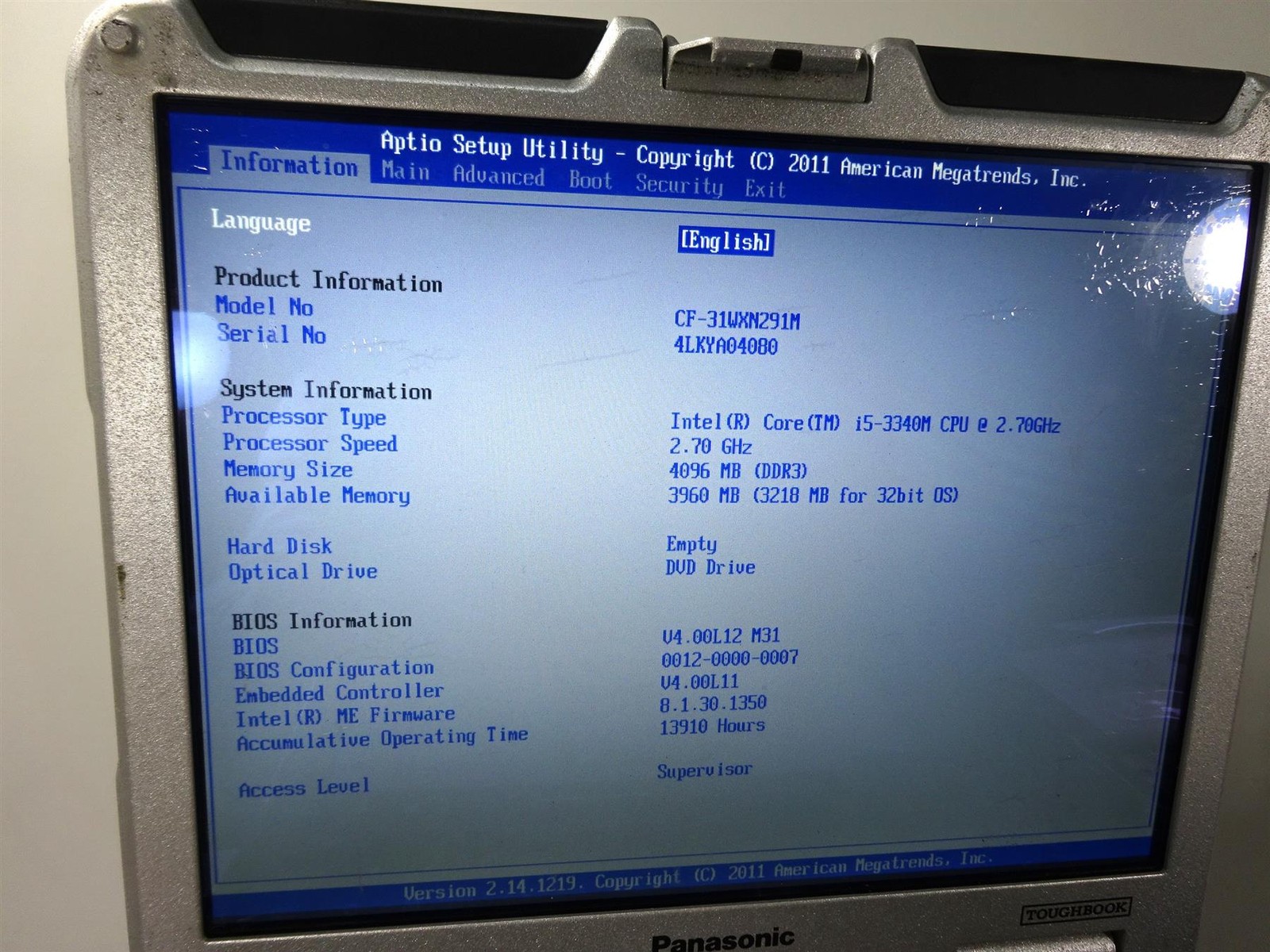 Lot 10 – Panasonic CF-31 Core i5-3340M 2.7GHz 4GB RAM – MK4 – No Hard Drive
