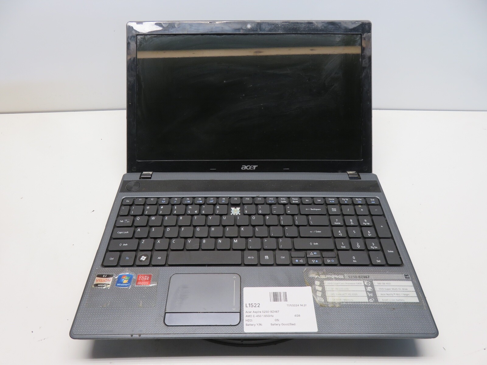 Acer Aspire 5250-BZ467 AMD E-450 1.65GHz 4GB NO HDD No Batt
