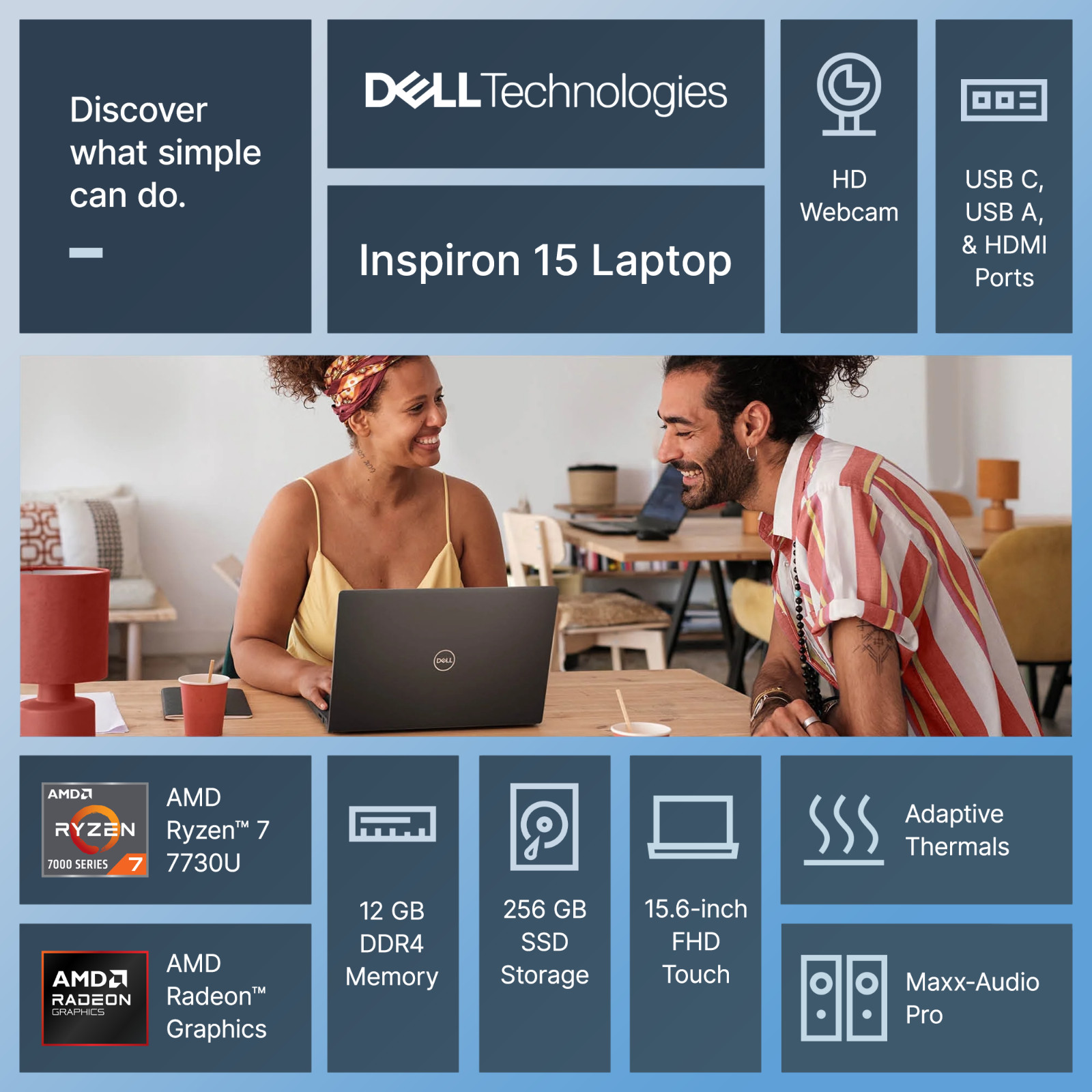 2026 Dell Inspiron 15 Laptop FHD Touch AMD Ryzen 7 7730U 12GB RAM 256GB SSD Pro