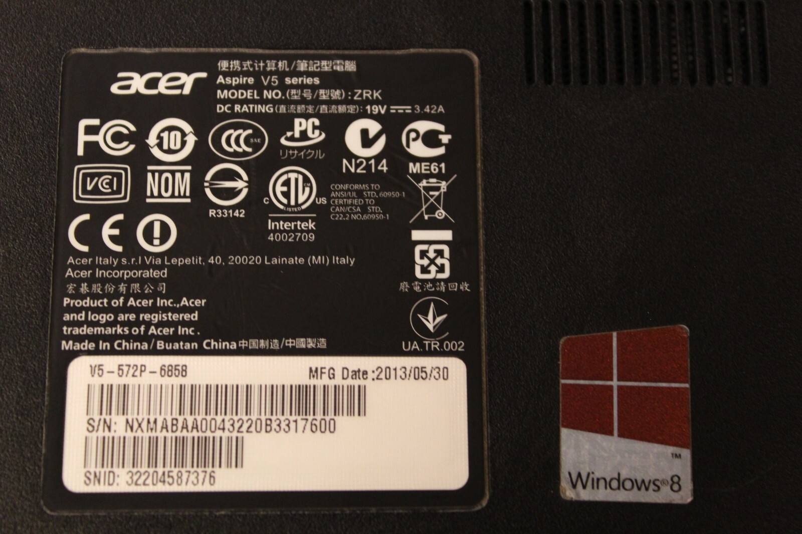 Acer Aspire V5-573P Used 500GB HDD Windows 10 4GB Ram i5-3337U@2.70GHz CPU