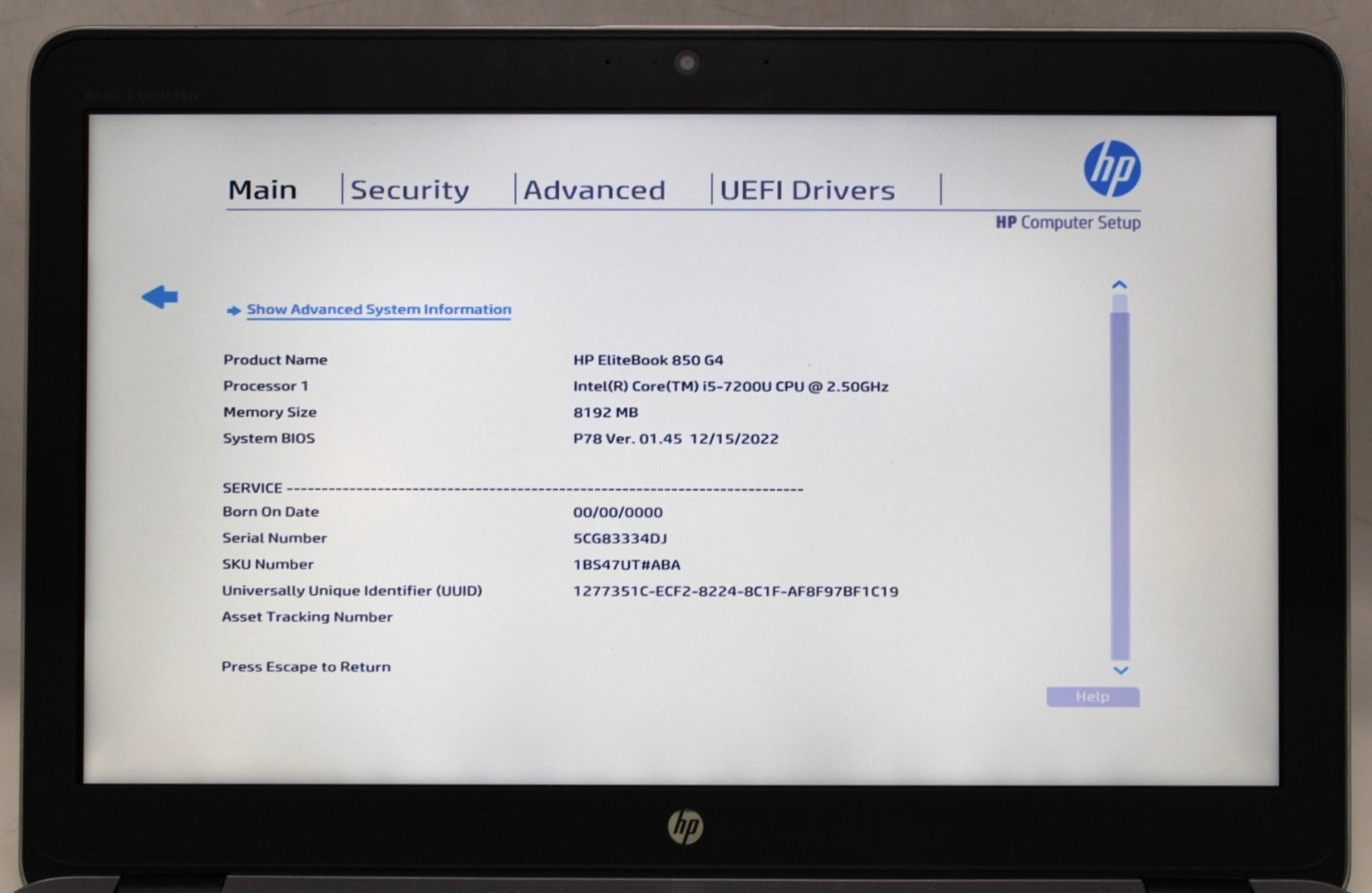 HP EliteBook 850 G4-i5-7200U@2.5GHz-8GB DDR4-NO STORAGE OR OS*USED/TESTED*