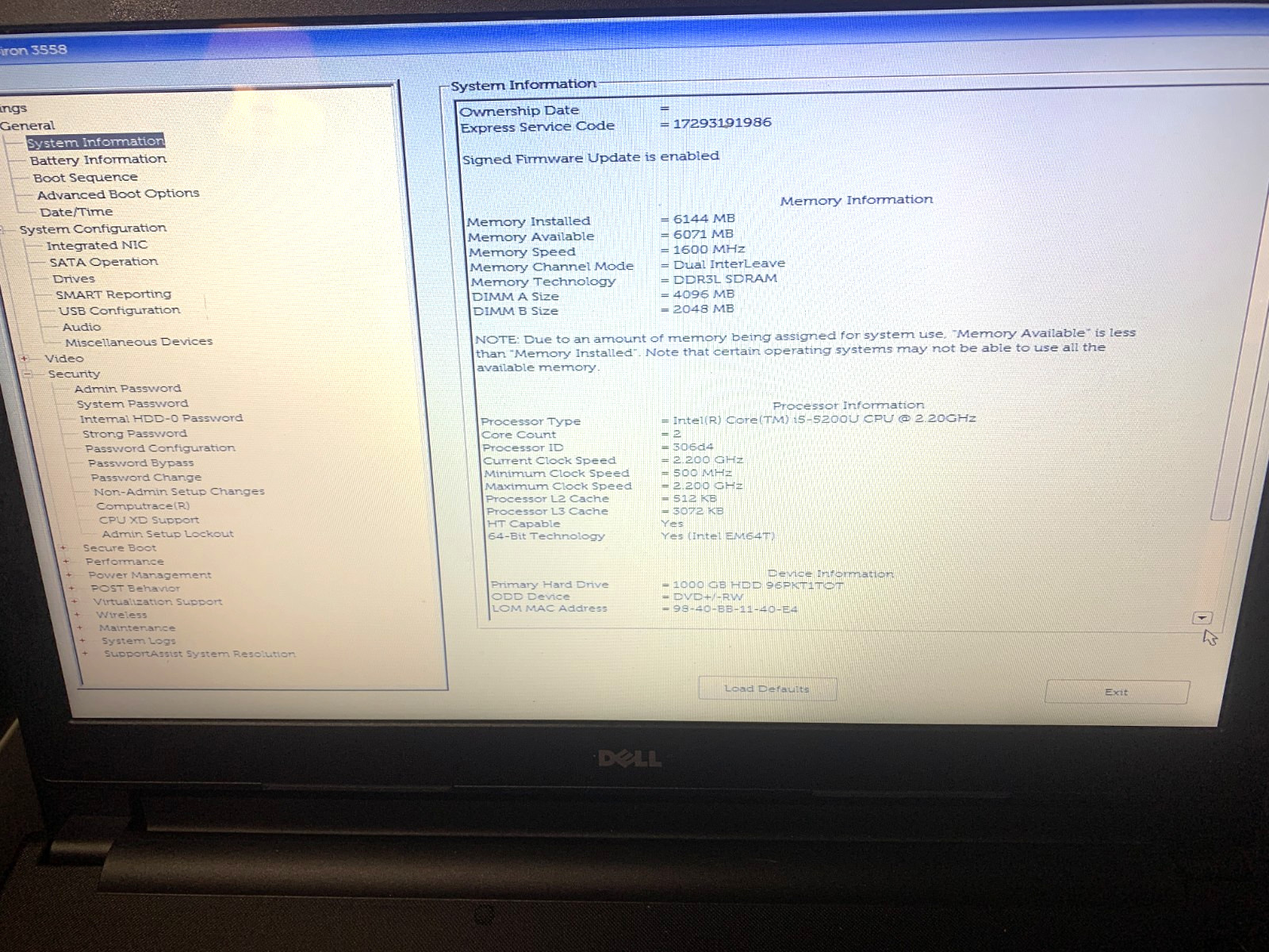 Dell Inspiron 3558 15.6″ Intel i5-5200U 2.20Ghz 6GB RAM 1000GB SSD w/ AC Adapter