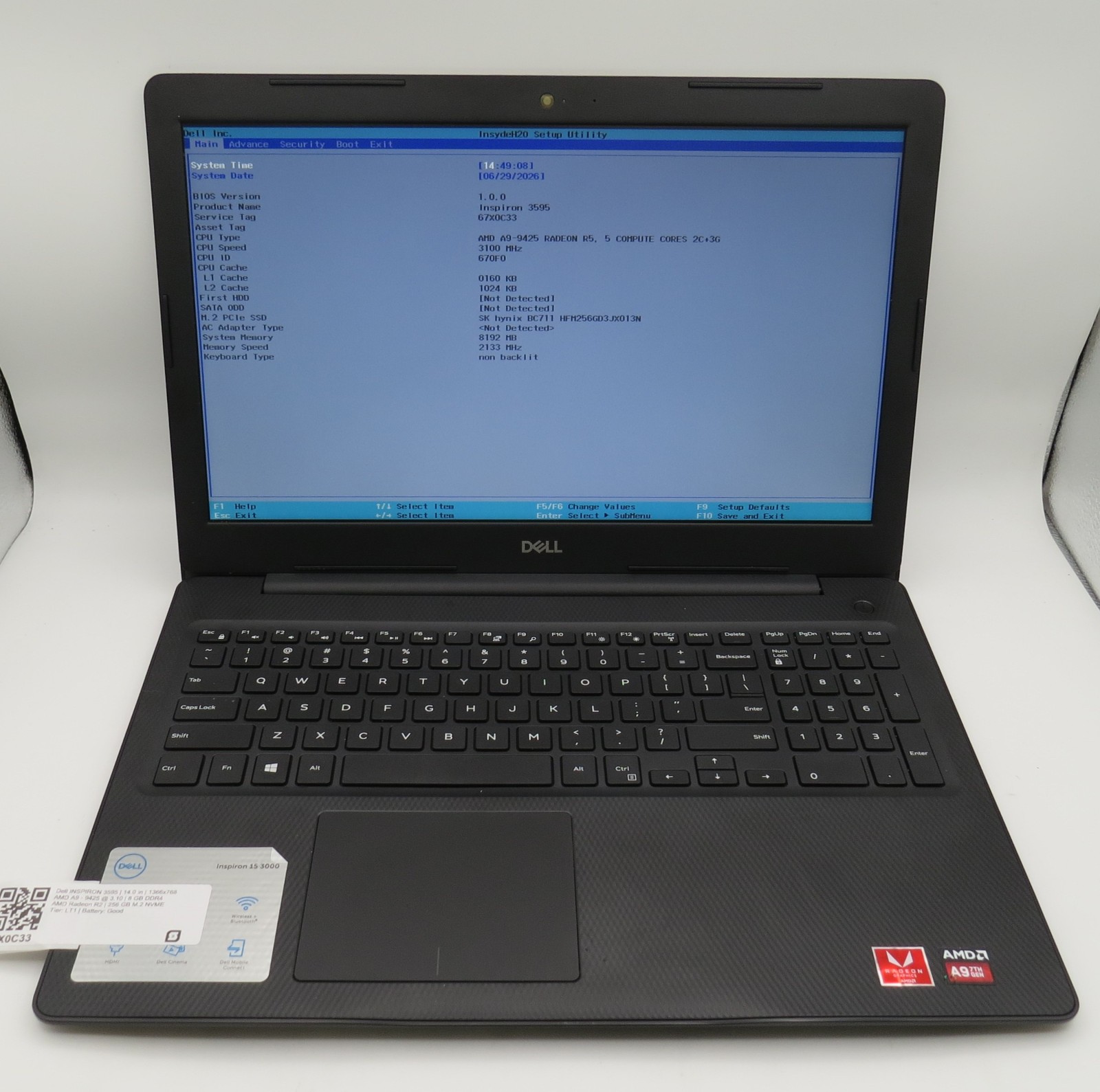 Dell inspiron 3595 AMD A9-9425 @ 3.1GHz 8GB DDR4 256GB m2 15.6″ No OS