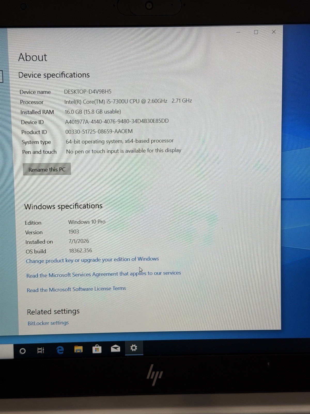 HP Elitebook 850 G5 Intel i5-7300U 2.6GHz 16.0 GB RAM 240GB HDD 15.6” Display