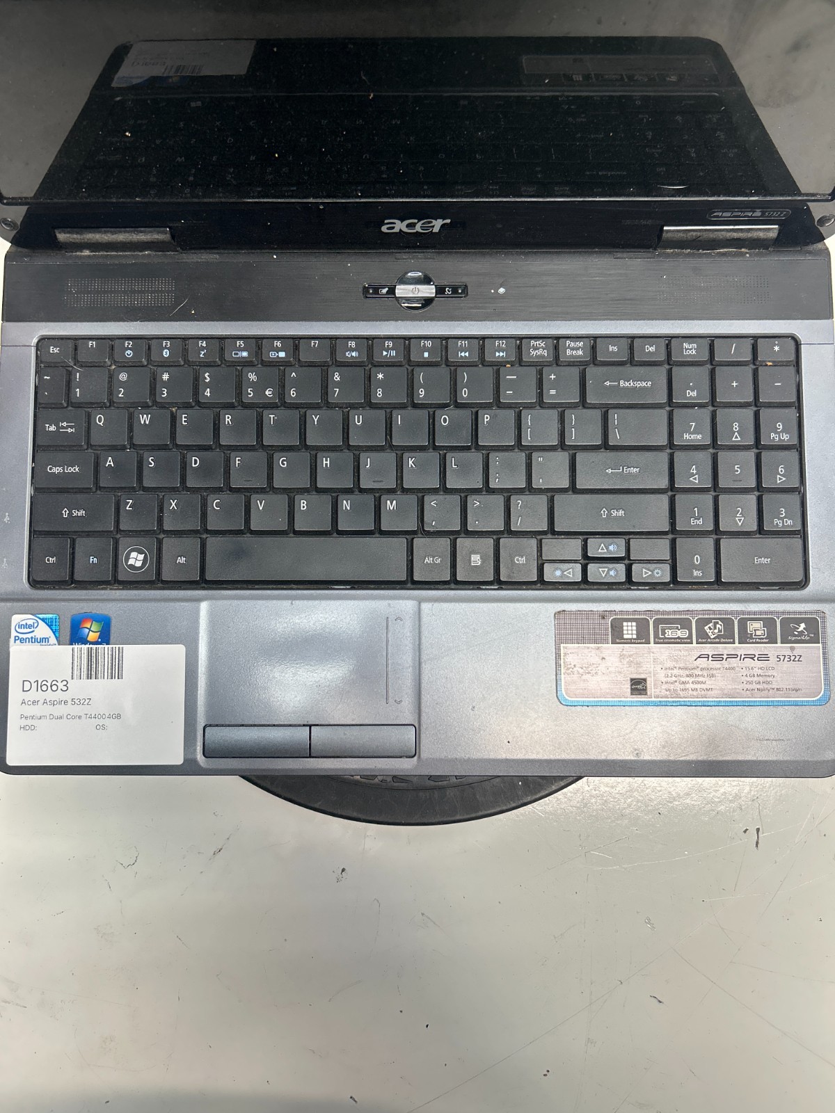Acer Aspire 532Z Intel Pentium Dual Core T4400 2.20GHz 4GB NO HDD