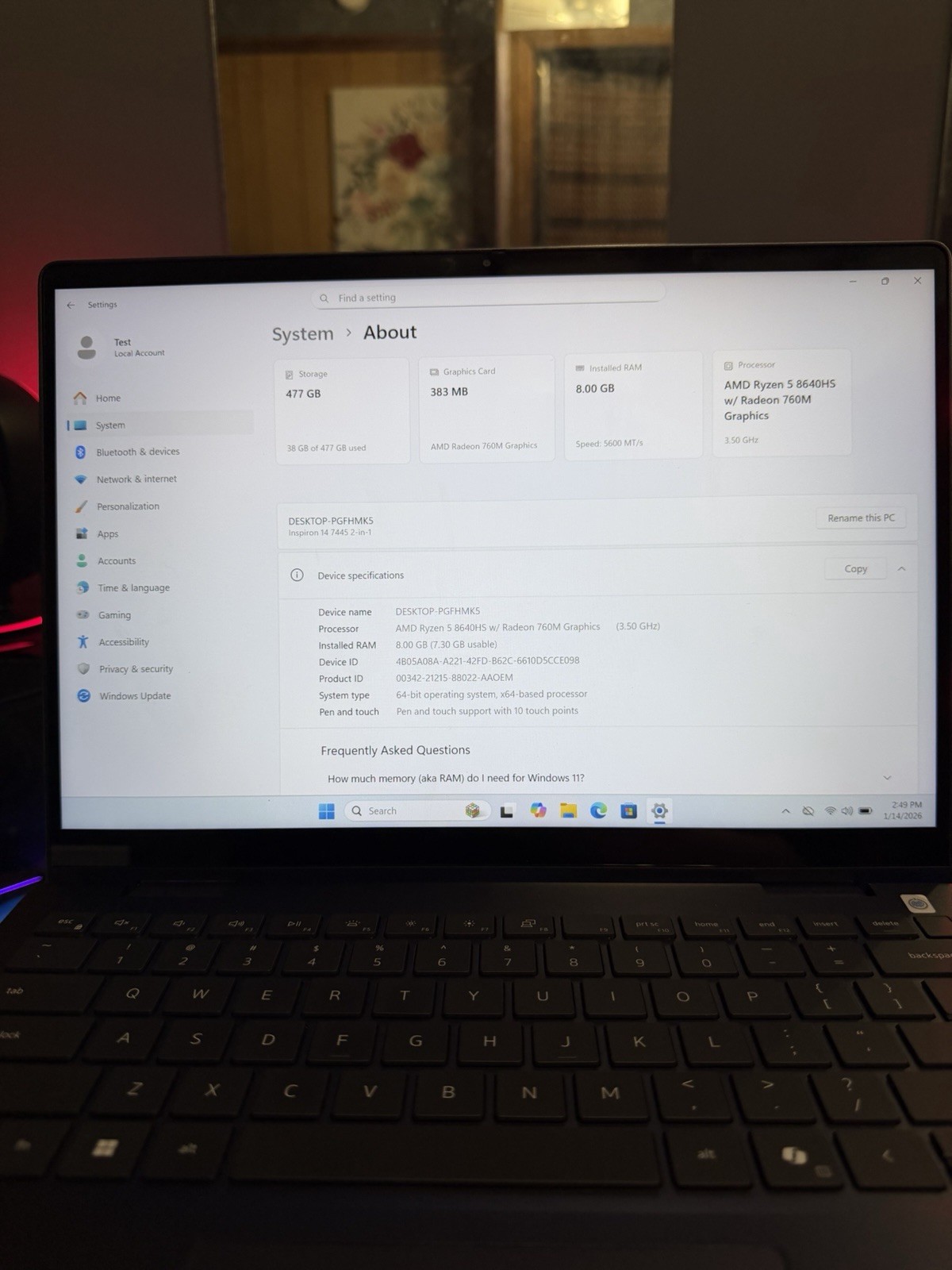 Dell Inspiron 14 2-in-1 Touch 7445 PC Laptop 14″ Ryzen 5 8640HS 8GB 512GB SSD