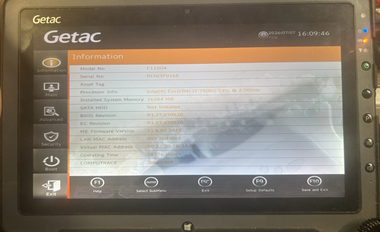 GETAC F110 G4 Rugged Tablet -i7-7500U – 16GB RAM *NO HD* *NO OS* NO CHARGER