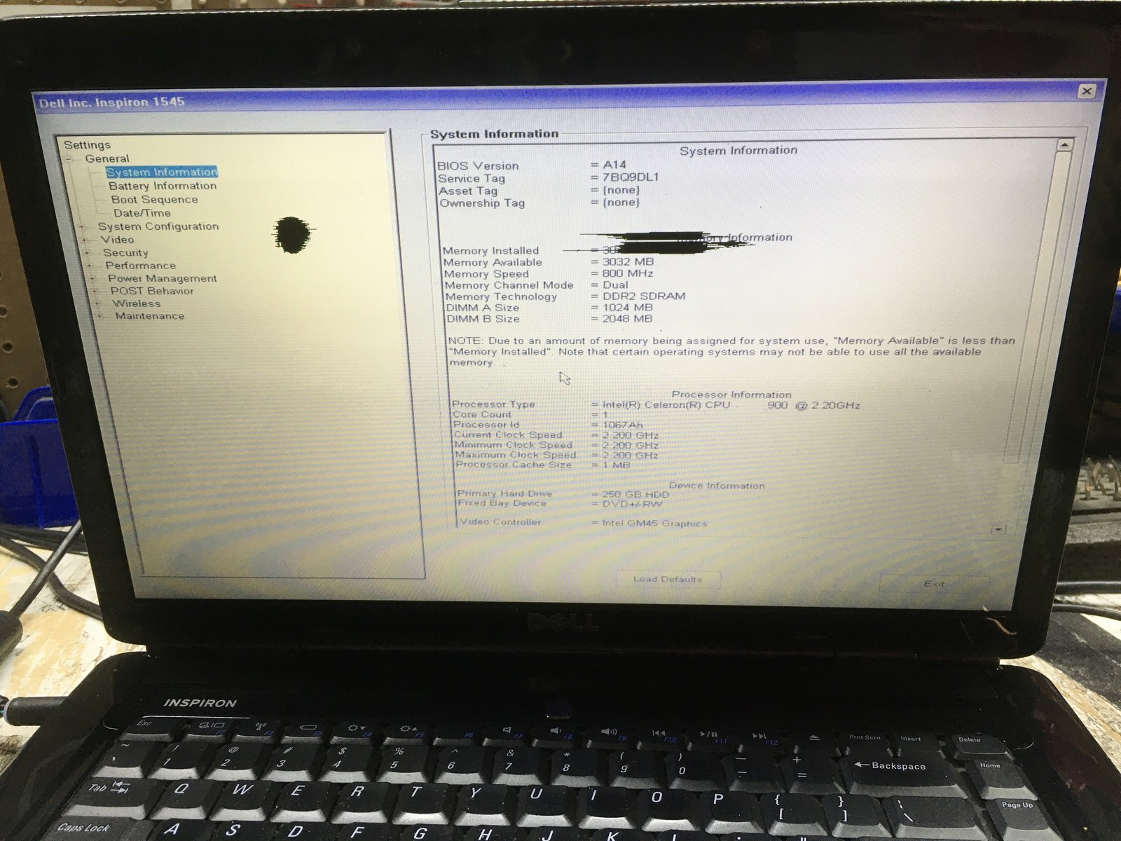 Dell Inspiron 1545 Intel Celeron 900 2.2GHz 3 GB NO HDD No Batt READ