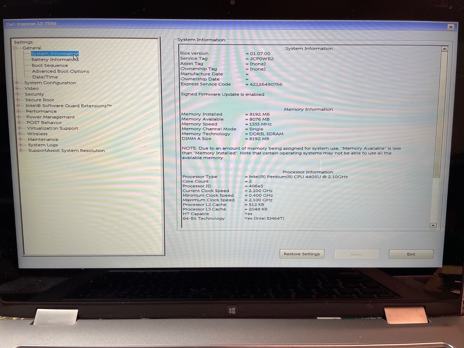 Dell Inspiron 13-7359 13.3′ Pentium R 2.1 ghz-4405u; NO RAM/HDD/OS/Charger