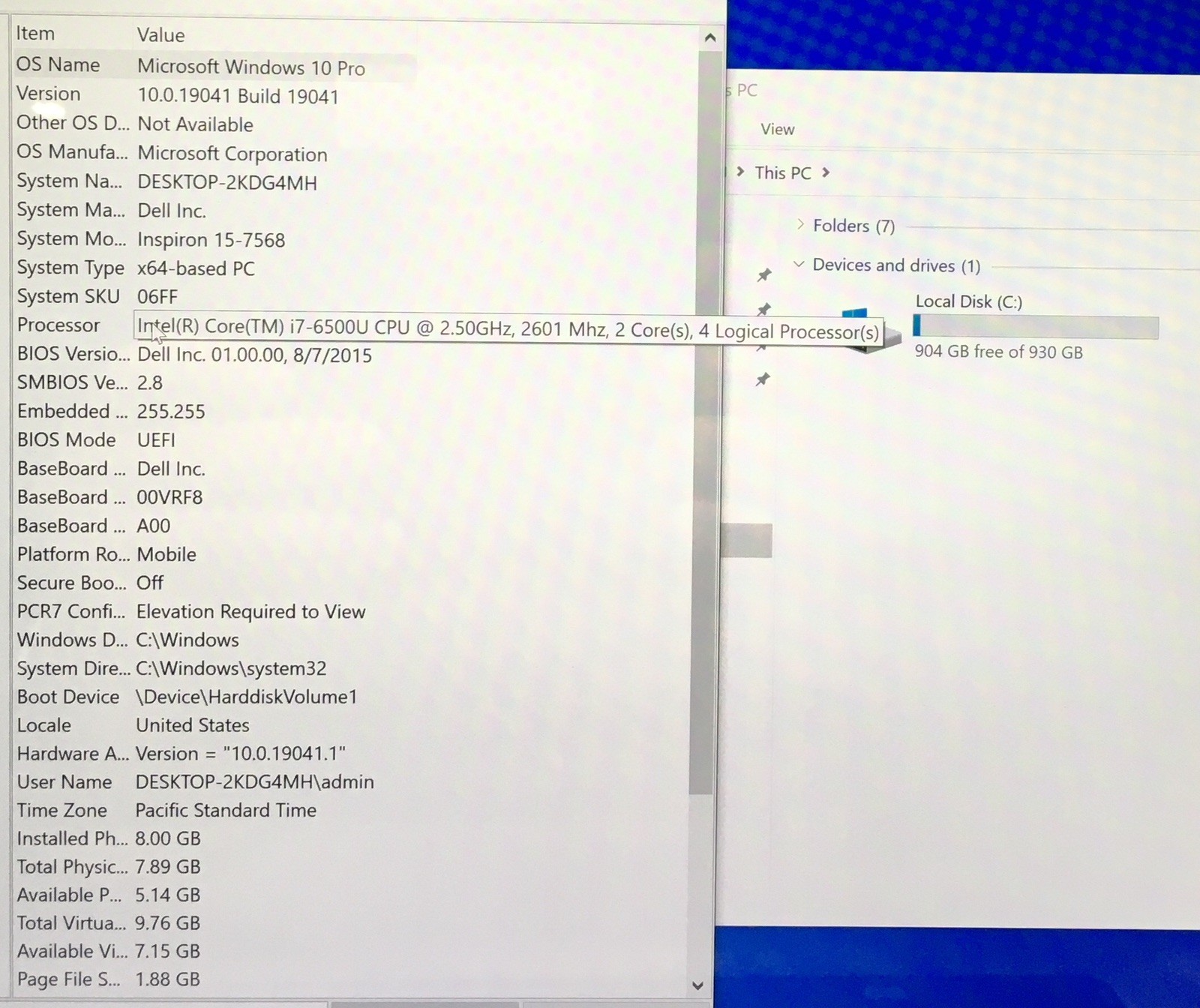 Dell Inspiron 15 7568 TOUCH Intel i7-6500U @ 2.50GHz 8GB Ram 950GB HDD *SEE PICS