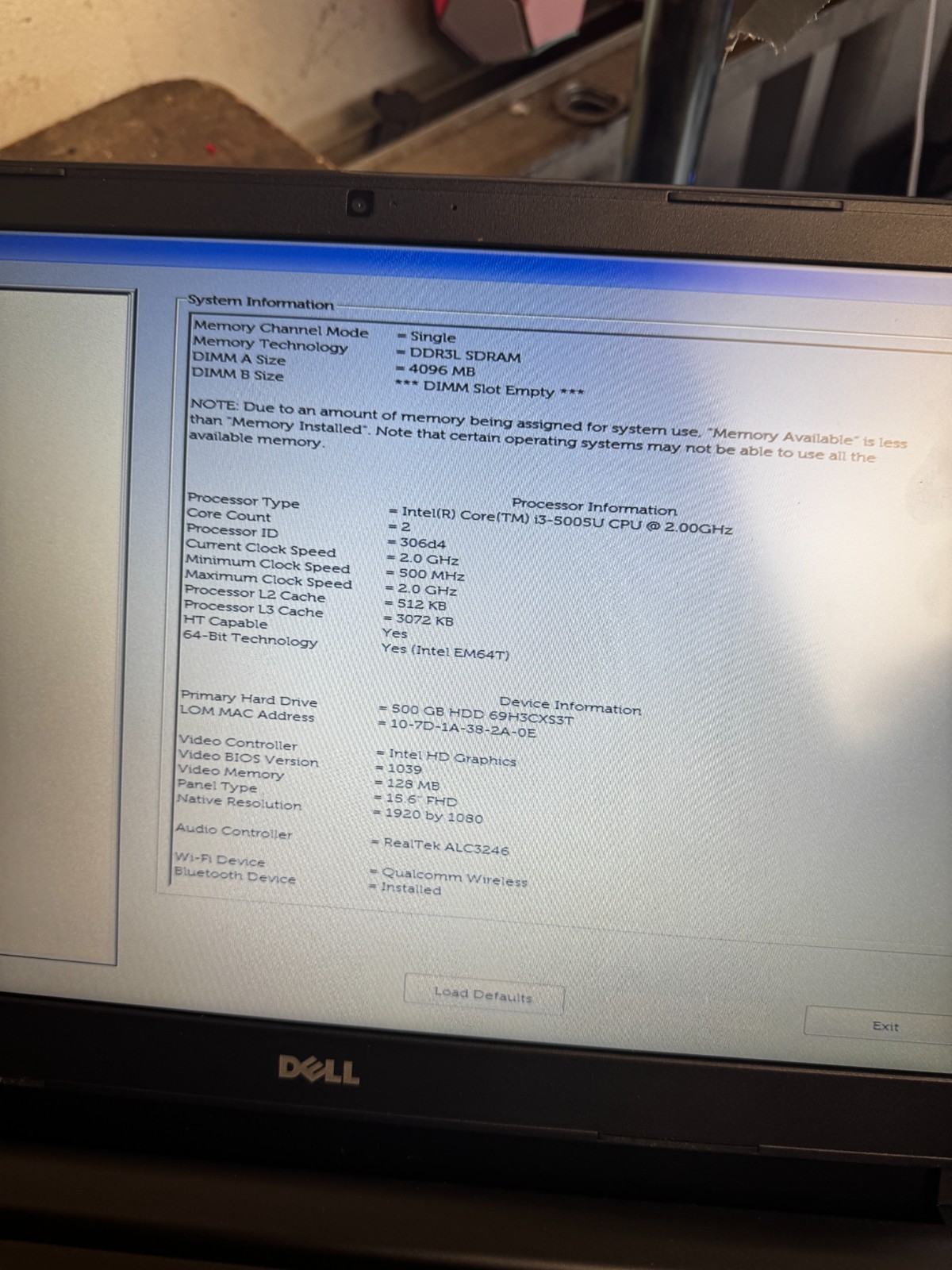 Dell Latitude 3560 Core I3-5005U 4GB RAM Laptop For Parts/Repair #6424