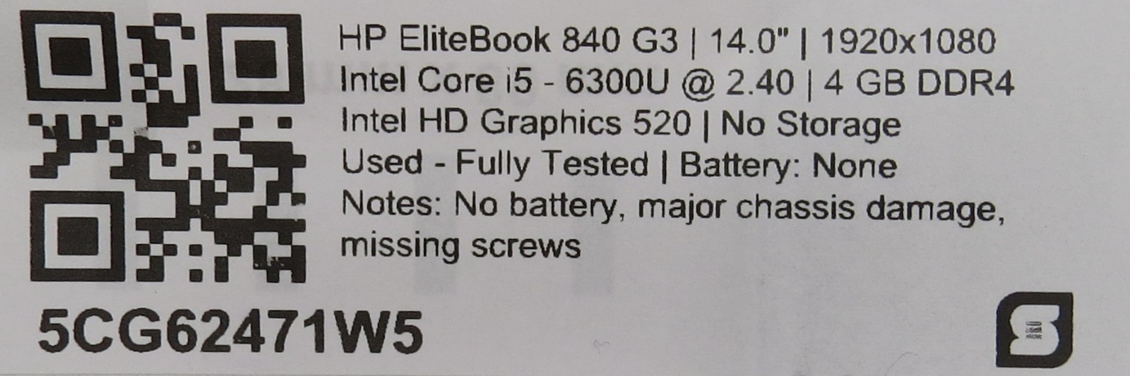 HP EliteBook 840 G3 i5-6300U @ 2.4 GHz 4GB RAM No SSD No OS w/ AC