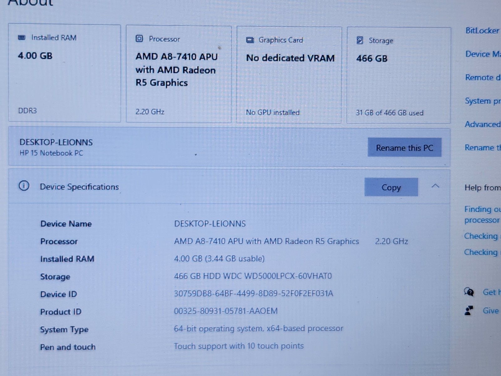HP 15 Notebook PC AMD A8-7410 Radeon R5 2.20GHz 4GB RAM 500GB HDD Win 10/AC Pwr