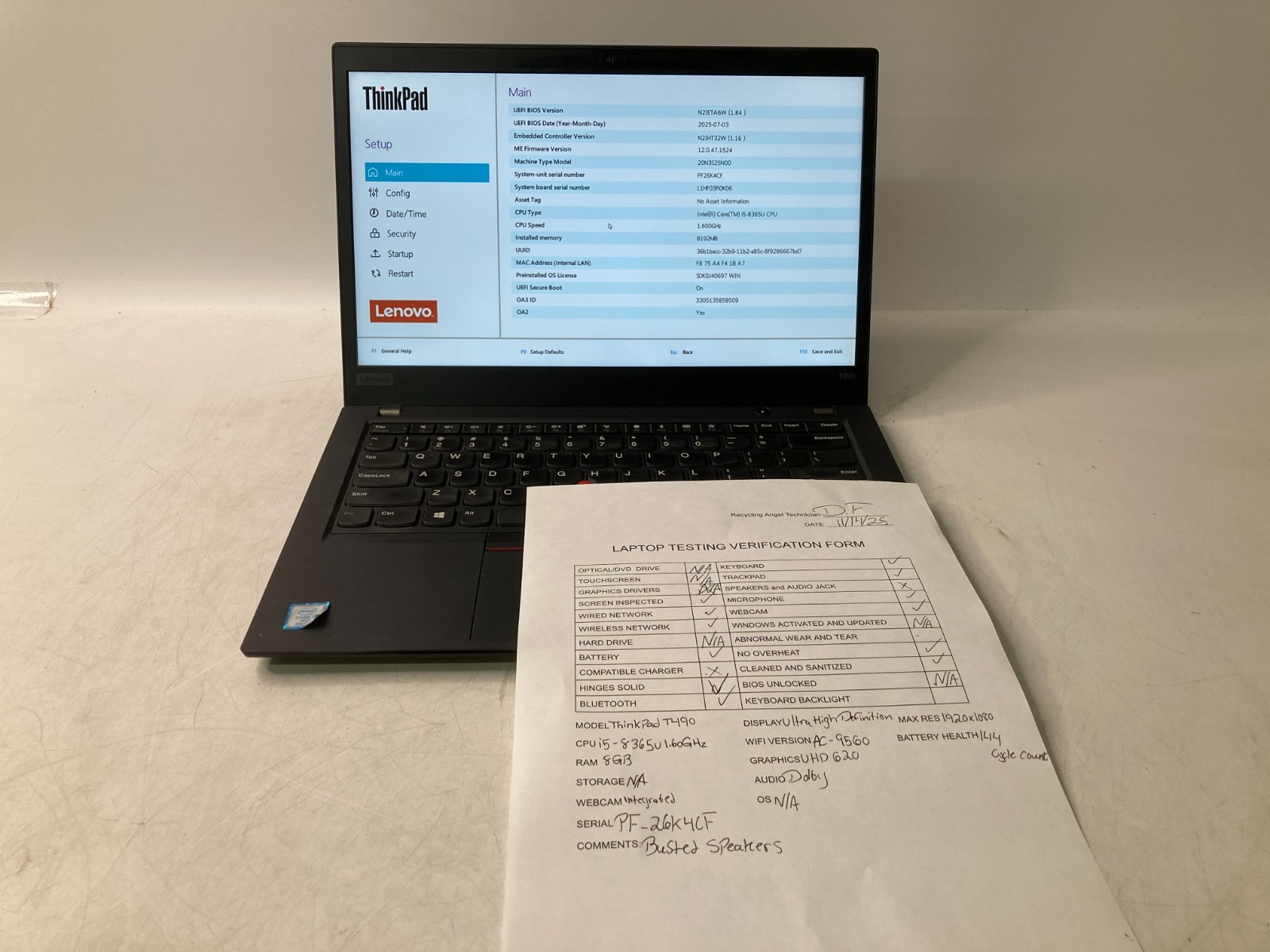 Lenovo ThinkPad T490 vPro w/ i5-8365U 1.6GHz 8GB Ram -Bad Speakers No HDD Parts