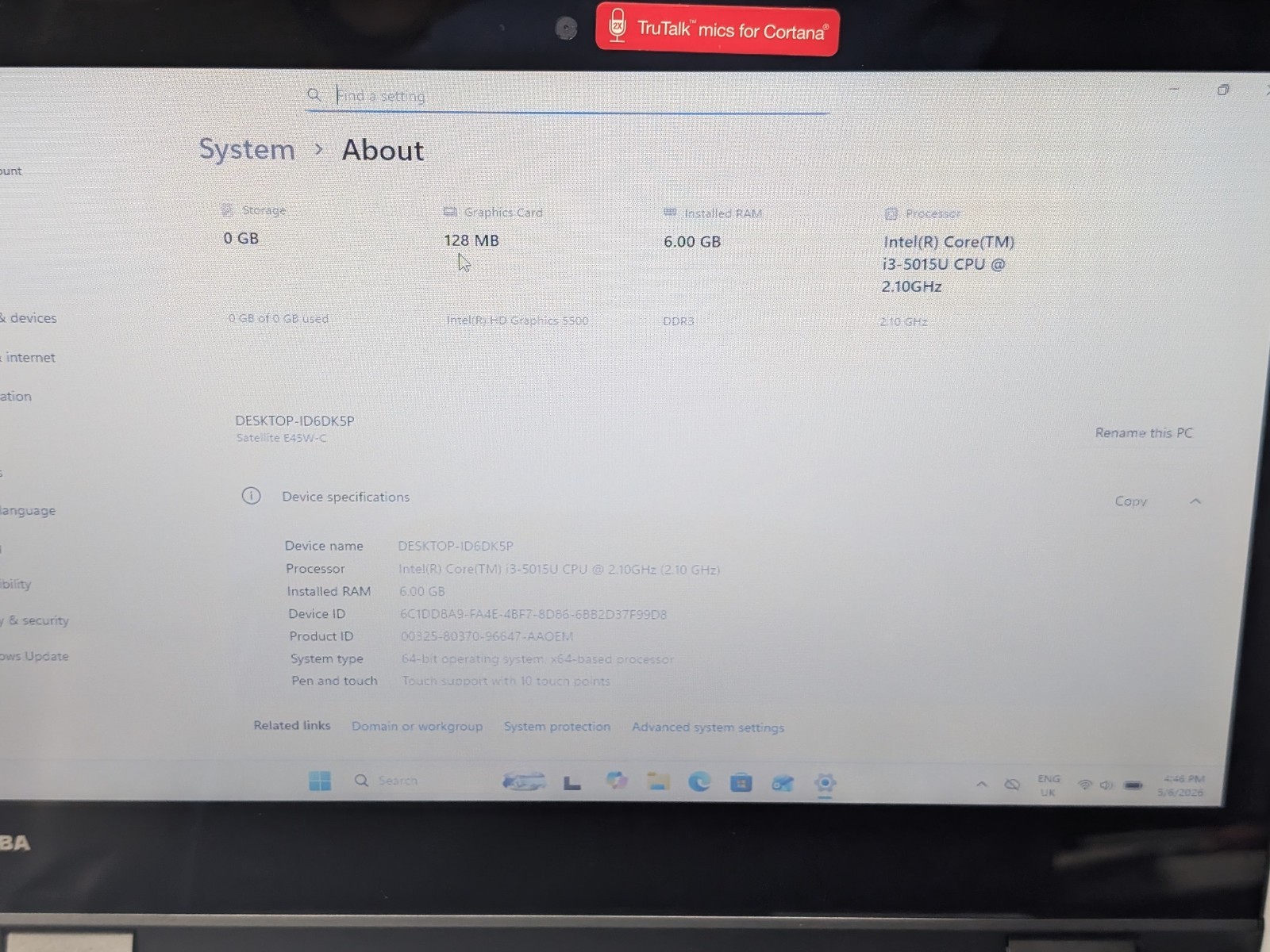 Collectable Toshiba Satellite E45W-C4200X 14in 500GB, 6GB RAM/ i3 5th Gn 2.1GHz