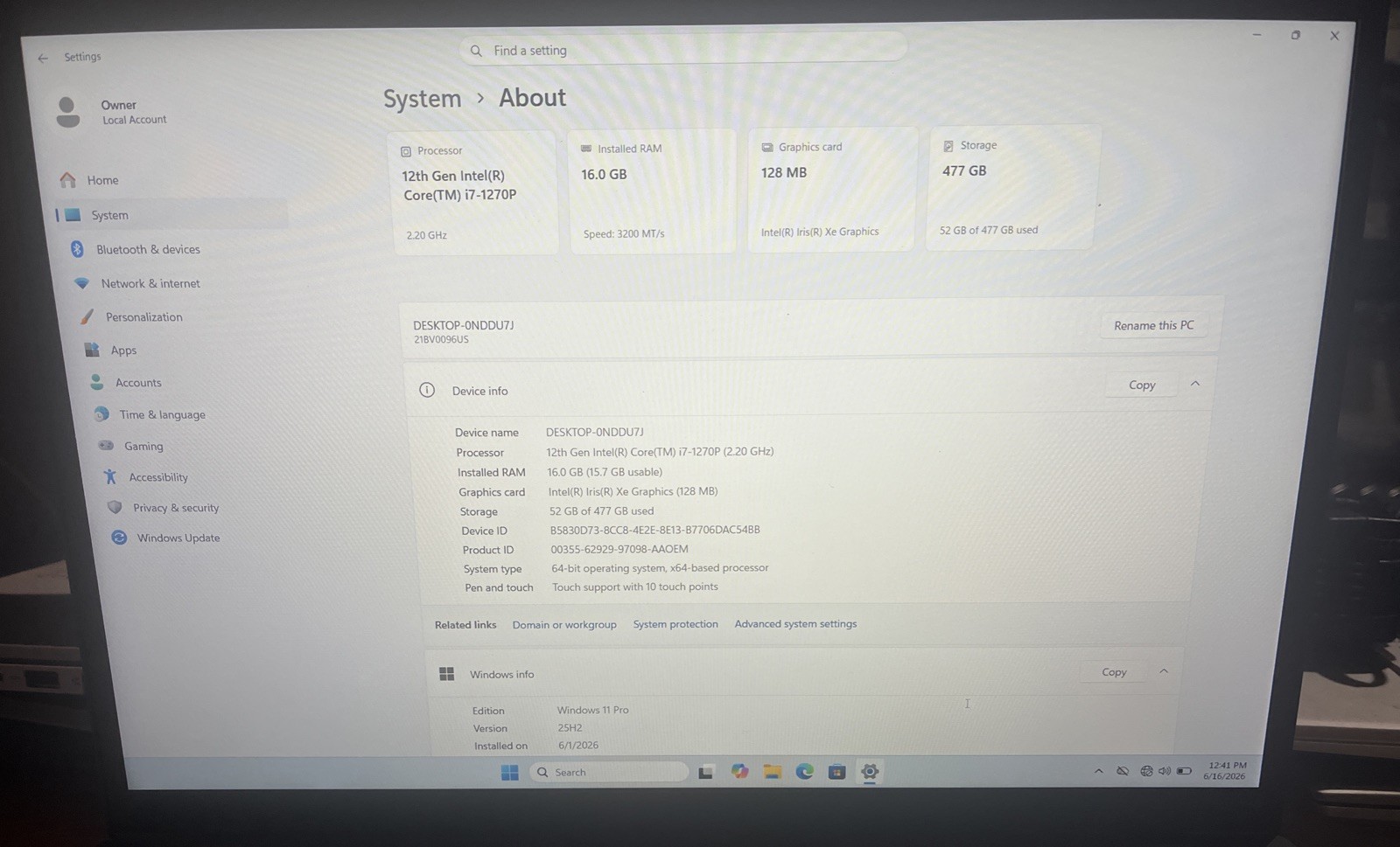 Lenovo ThinkPad T16 16″ i7-1270P@2.20GHz, 16GB RAM, 512GB M2, W11P *READ*