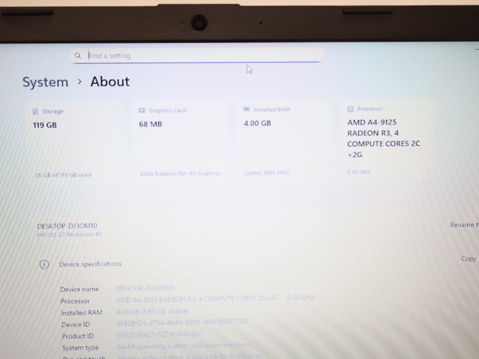 HP Notebook 255 G7 AMD A4-9125 Radeon R3 2.30GHz 4GB RAM 120GB NO BATTERY