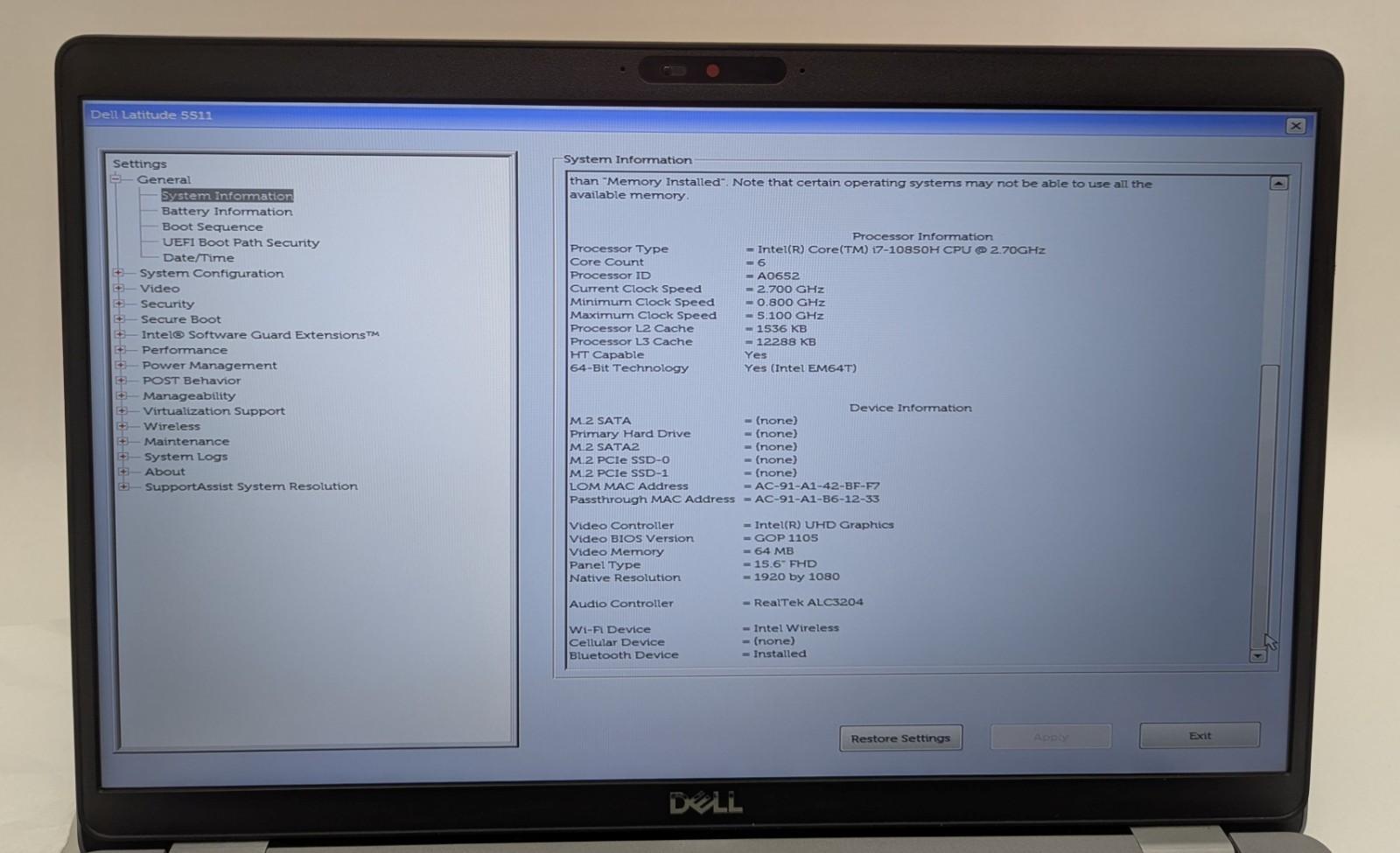 Incomplete Dell Latitude 5511 15.6″ Laptop i7-10850H 2.70GHz 8GB RAM – *READ*