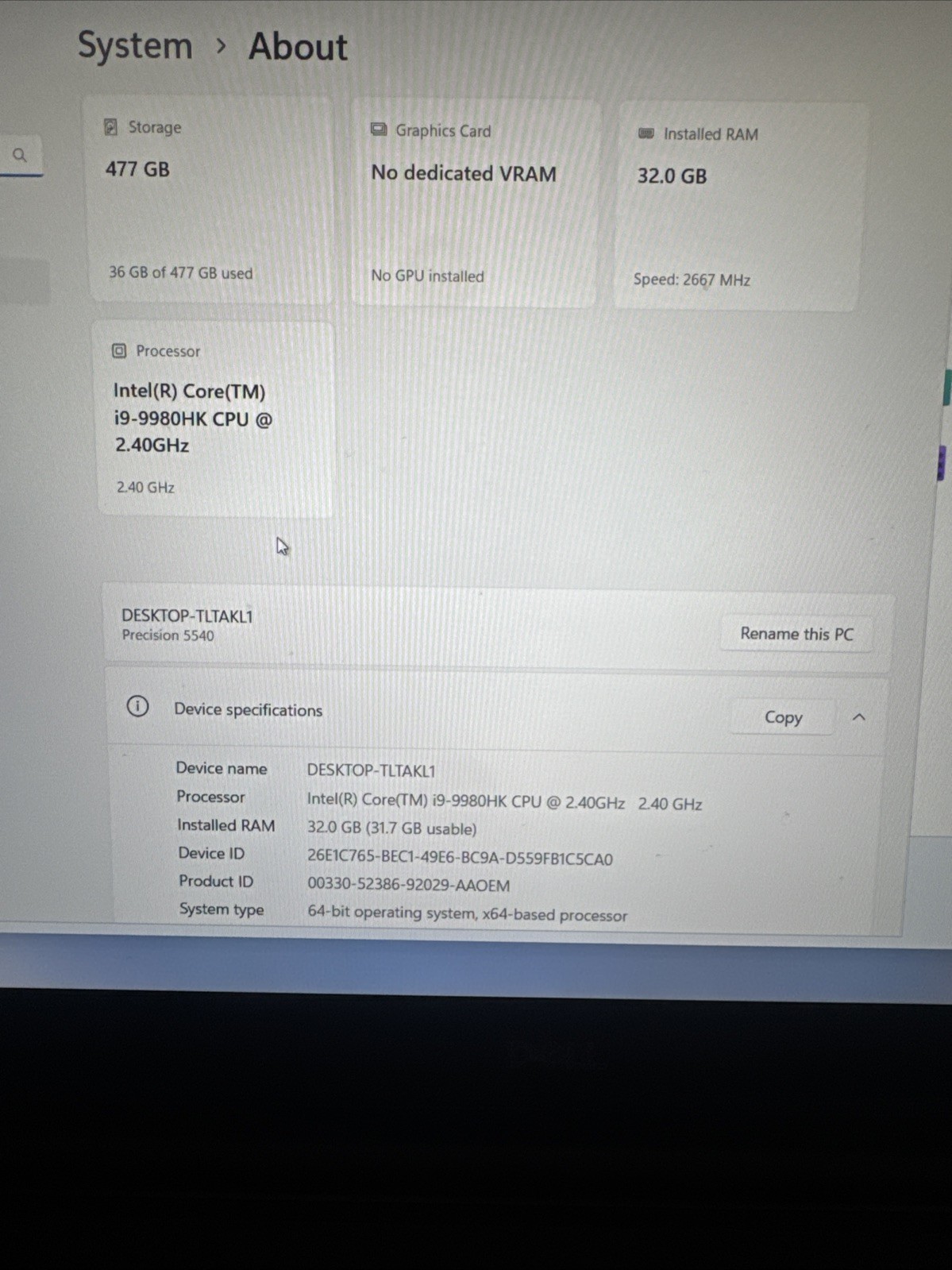 Dell Precision 5540 i9 9th Gen ***32GB RAM 512GB Free shipping – B- Condition