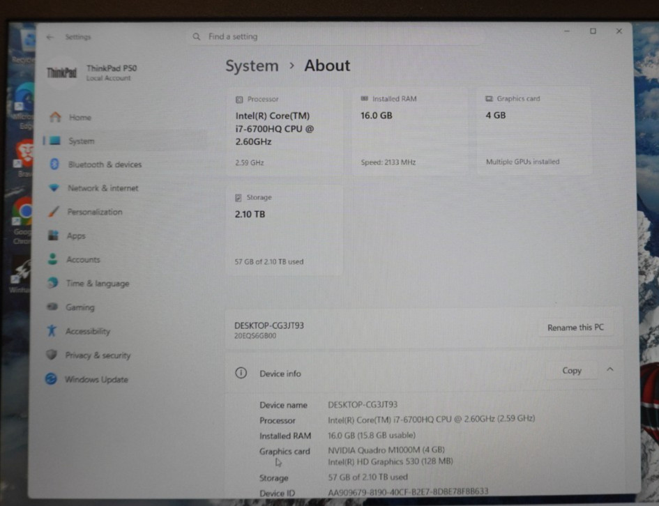 Lenovo Thinkpad P50 15.6″ Intel i7-6700HQ 16GB RAM 2TB+256GB NVMe Quadro 1000M