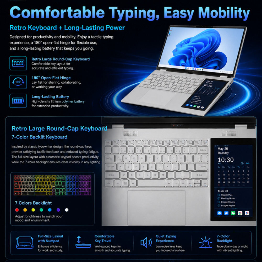 Double Touch 15.6”+7” Screen Laptop Computer 2.9GHz 16GB RAM 2TB Windows 11sz