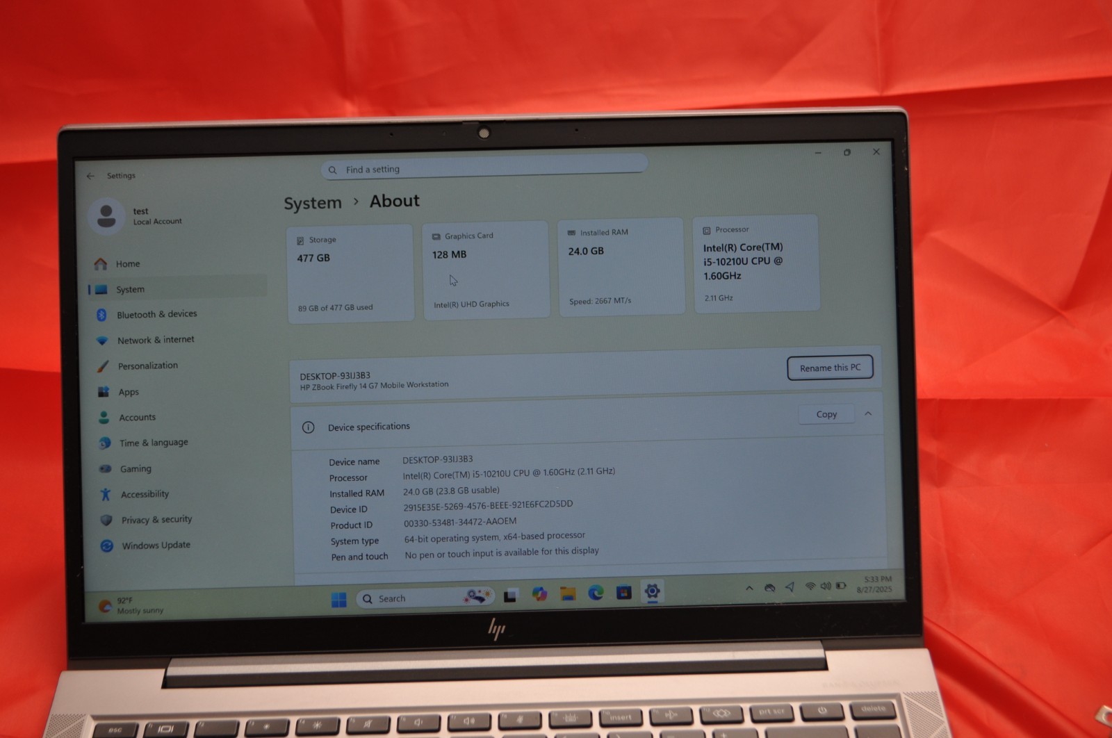 HP ZBook Firefly 14 G7 Intel Core i5-10210U 1.6GHz 24GB RAM 500GB SSD