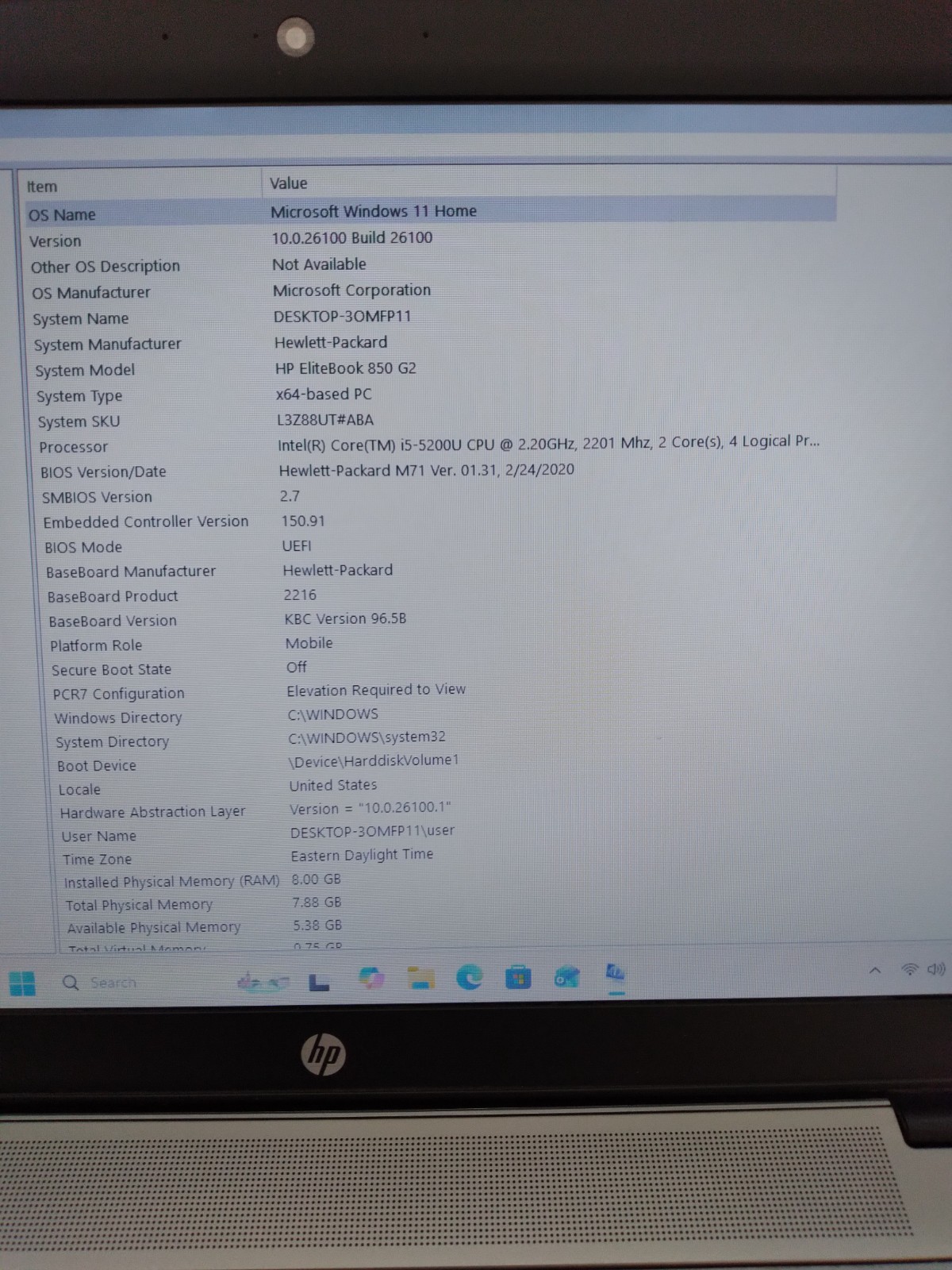 HP ELITEBOOK 850 G2 15.6″ CORE i5-5200U@2.20GHz 8GB RAM 500GB HDD Win 11 Home