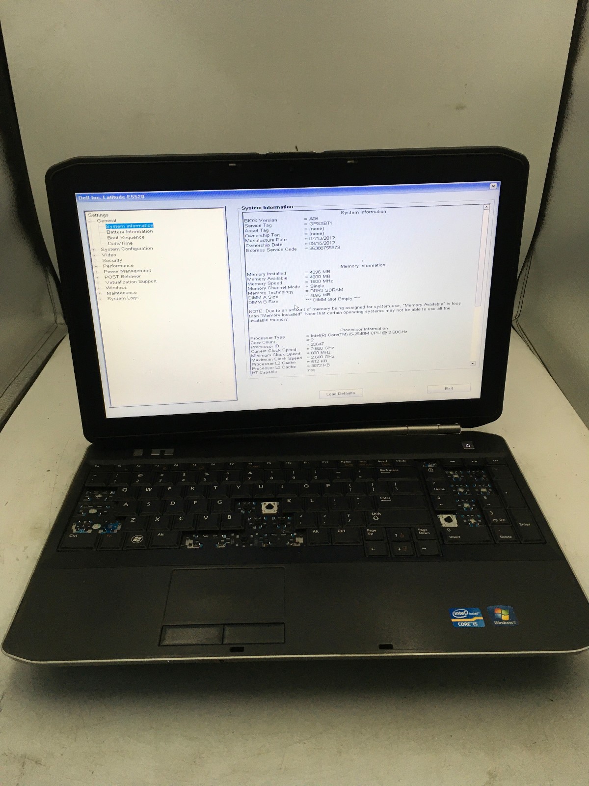DELL LATITUDE E5520 – BOOTS TO BIOS – INTEL I5 2540M – NO RAM – NO OS -READ- BB