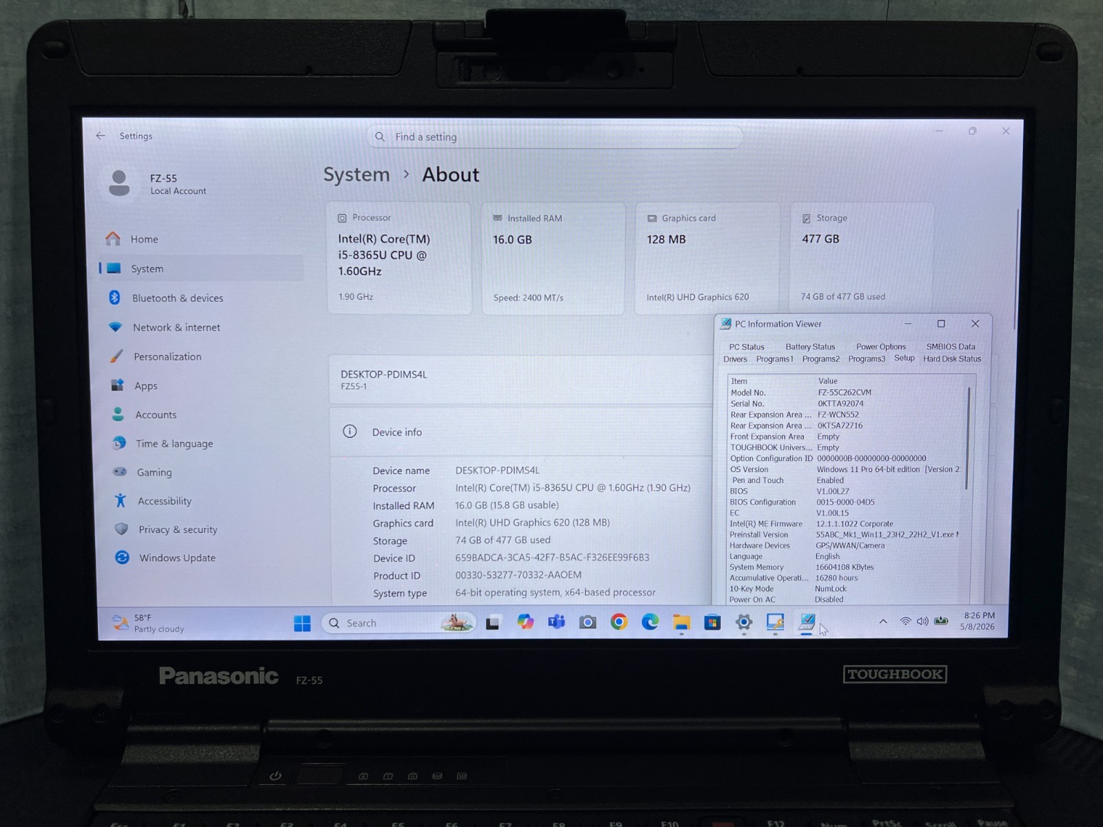 FZ-55C262CVM i5-8365U, 512GB SSD,16GB Mem,VGA,HDMI, GPS, Touchscreen,Win11 25H2.