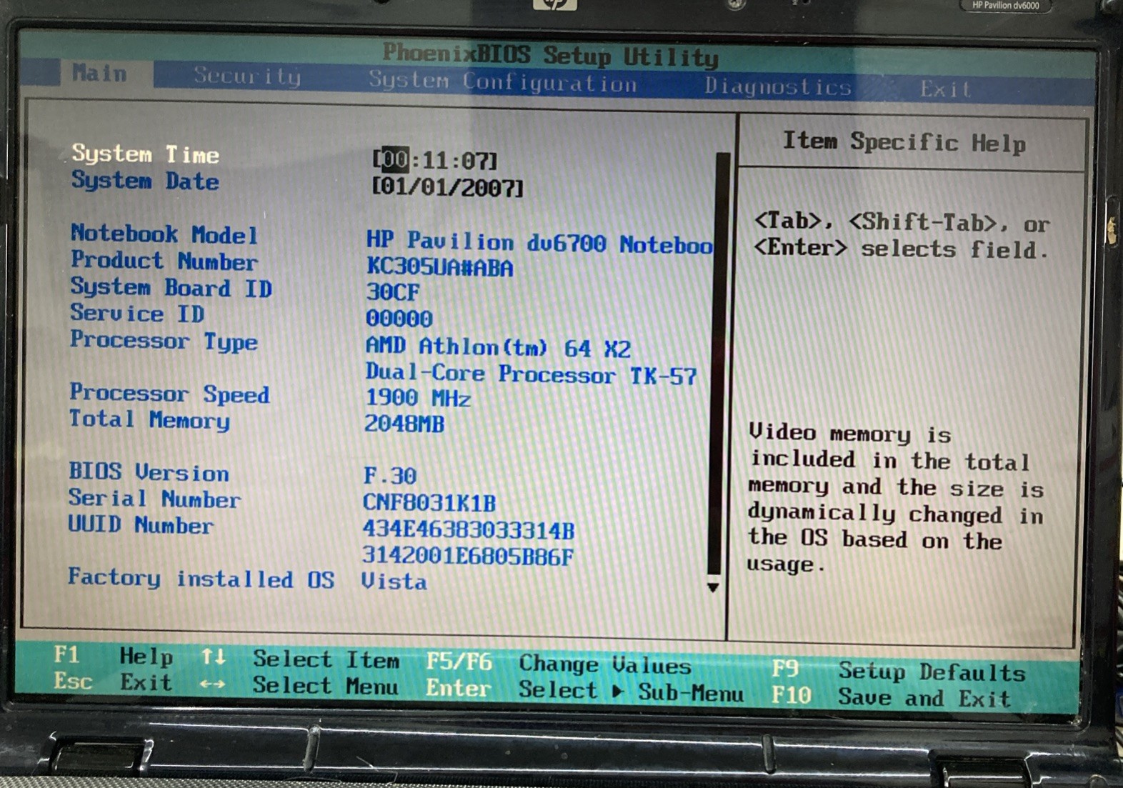 HP Pavilion dv6700-dv6747us AMD Athlon 64 X2 1.90GHz 2GB no HDD Boot to BIOS